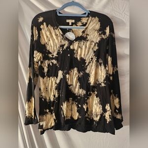 Paper Flower Trendy Tween‎ Fashion Tie Dye V-Neck Long Sleeve Top - Egret Black